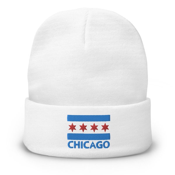Bonnet à revers brodé avec drapeau de la ville de Chicago | Bonnet drapeau Chicago | Bonnet Chicago | Cadeaux Chicago | Chapeau de drapeau de Chicago | Cadeau de la ville de Chicago