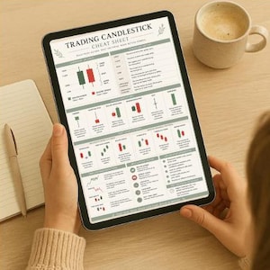 May include: A digital tablet displaying a Trading Candlestick Cheat Sheet with various financial chart patterns, red and green candlestick icons, and descriptive text explaining market trends, price action, and technical analysis indicators.