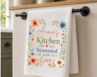 Personalized Kitchen Towel, Floral Tea Towel with Name, Wedding, Housewarming Gift