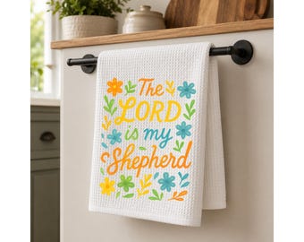 The Lord Is My Shepherd Kitchen Towel, Psalm 23, Retro Floral Tea Towel, Daisy Print, Christian Bible Verse, Housewarming Gift