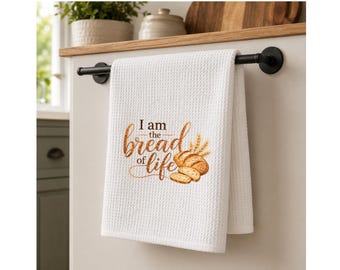 Christian Farmhouse Kitchen Towel, I Am The Bread Of Life Bible Verse, Faith Based Gift, Waffle Weave Towel