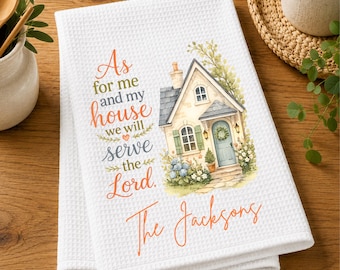 Personalized Watercolor House Kitchen Tea Towel, Custom New Home Gift,  As For Me and My House We Will Serve the Lord