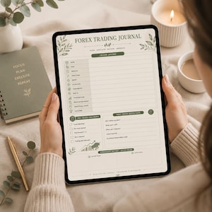 May include: A digital tablet displaying a Forex Trading Journal template with sections for trade entry, pre-trade checklist, and post-trade reflection. The layout features olive green accents, botanical illustrations, and the text "Discipline today, freedom tomorrow."