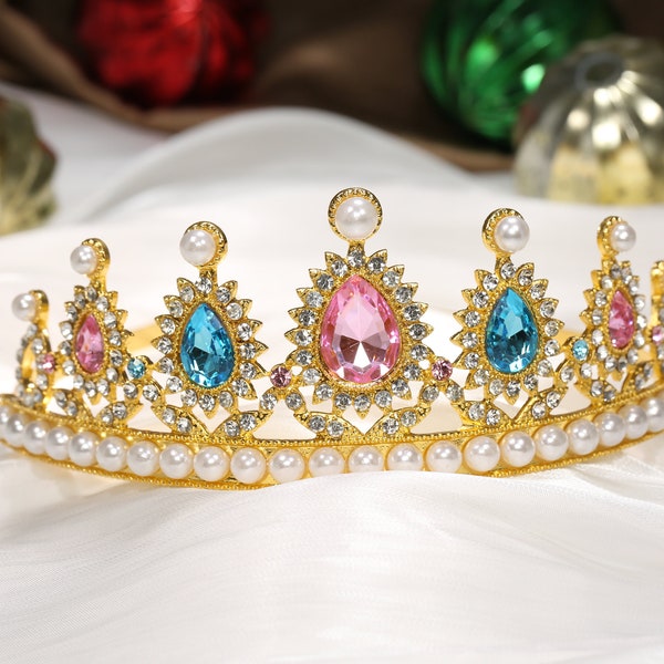 Dreamy Crystal & Rhinestone Tiara with Pearls Princess Peach Crown Birthday Headband Halloween Coustume Tiara for Kids and Adults