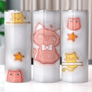 3D Cat Inflated Tumbler Wrap PNG - 3D Puff Cat 20oz Tumbler Sublimation - Skinny Tumbler Wrap - Instant Digital Download