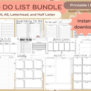 To Do List Bundle, Daily, General, Quarterly, Yearly Printable and PDF