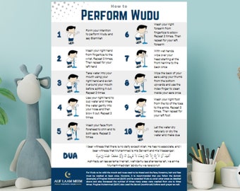 Hoe Wudu uit te voeren, ritueel wassen voor gebed, afdrukbare poster, kinderbadkamer, moskee, islamitische school, islamitisch onderwijs