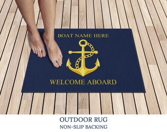 Welcome Aboard Rug, Outdoor Rug for Boats, Custom Family Boat Gift, Nautical Accent Rug