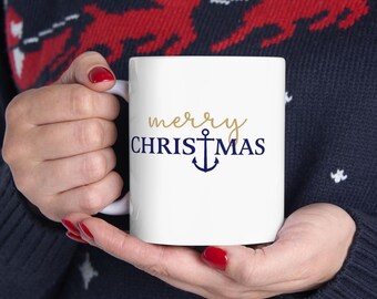 Nautical Christmas Mug, Custom Captain Boat Owner Gift,  Anchor Merry Christmas Coffee Cup