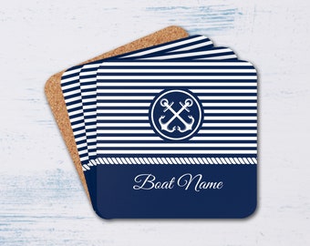 May include: Set of four blue and white striped coasters with a cork backing. Each coaster features a white anchor design and a navy blue border with the text "Boat Name".