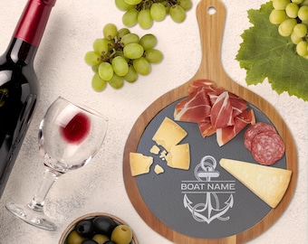 Charcuterie Board, Anchor Cheese Cutting Serving Party Tray, Nautical Gift for Wine Lover Captains, Engraved Slate