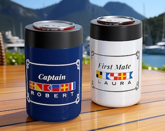 Custom Nautical Flag Captain Can Cooler, Personalized Boating Gift for Him/Her