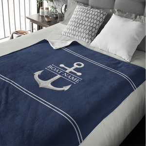 Manta de felpa ancla, manta de lanzamiento de barco personalizada, ropa de cama de la casa del lago, regalo náutico para nuevos propietarios de barcos