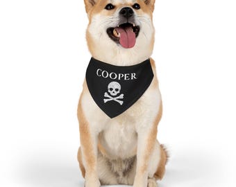 Pirate Dog Bandana, Custom Name Black Clip-On Scarf, Personalized Puppy Gift, Pet Halloween Costume, Skull and Bones Party Outfit