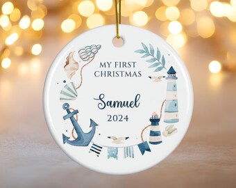 My First Christmas Ornament, Nautical Baby Boy Keepsake, Personalized Baby Shower Gift, Coastal Nursery Decor