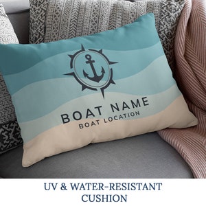 Boat Gift, Navy Outdoor Lumbar Pillow, Custom Boat Name Pillow, Maritime Anchor Pillow