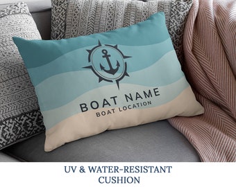 Boat Gift, Navy Outdoor Lumbar Pillow, Custom Boat Name Pillow, Maritime Anchor Pillow