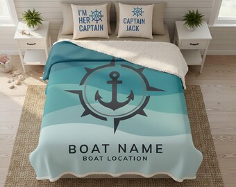 Personalized Nautical Sherpa Fleece Blanket: Custom Lake House Boat Decor
