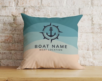 Custom Boat Name Pillow, Nautical Interior Lake House Pillow, Anchor Cushion, New Boat Gift for Yacht Owners