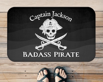 Custom Pirate Mat, Funny Captain Gift, Boat Accessories, Jolly Roger Welcome Aboard Rug