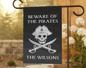 Pirate Garden Flag, Custom Family Halloween Decor, Jolly Roger Party Banner, Skeleton Skull Crossbones Swords Gift