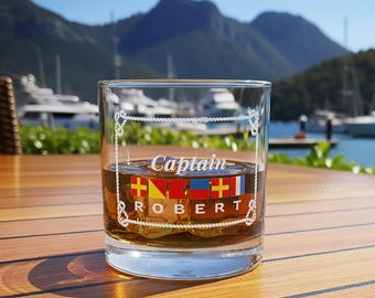 Custom Nautical Flag Whiskey Glass, Boat Captain Dad Gift, Rocks Glass, Sailor Drinkware