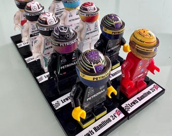 F1 minifigure custom 10 Lewis Hamilton LH44 History word champion 2008 - 2014 - 2015 - 2017 - 2018 2019 - 2020, 2024 and Ferrari