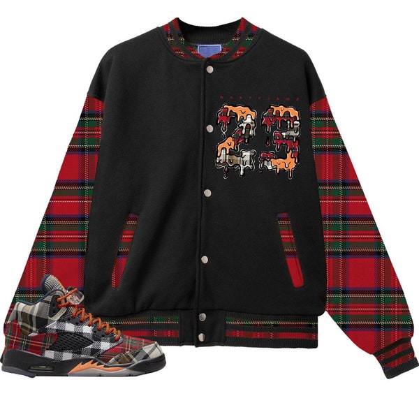 Jordan 5 Plaid Unisex Varsity Jacket, 23 Drippin, Varsity To Match Sneaker, Custom Name and Number