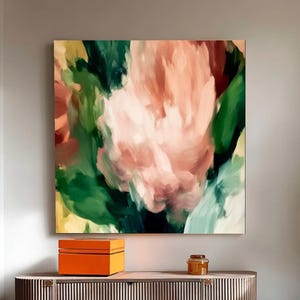 Grote canvas bloemenabstractie, koraal en groenblauw muurkunst, kleurrijk abstract decor, modern statement stuk voor woonkamer, huis