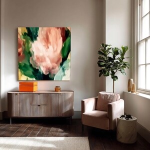 Large Canvas Floral Abstraction, Coral and Teal Wall Art, Colorful Abstract Decor, Modern Statement Piece for Living Room, Home