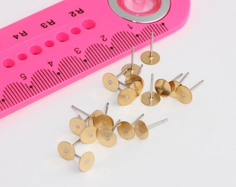 Postes de acero inoxidable de 6 mm, pendientes de latón sin rematar, pendientes planos, pendientes con almohadilla plana, engarces, accesorios de latón sin rematar, MBGCMR62