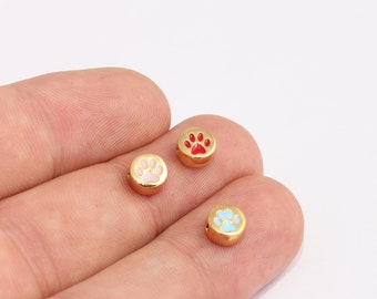 3.5x7mm 24k Shiny Gold  Cat Disc, Paw Coins, Paw Bracelet Charms, Small Gold, Pink, Red and Blue Enamel Bead Paw Charms,  MBGMLS392