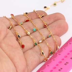 24k Shiny Gold Sun Charm Chain, Mixed Color Enamel Beaded Chain, Ankle Bracelet Chain, Summer Necklaces, Gold Plated Chains, MBGBXB349