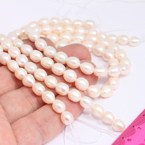 Hilo de perlas naturales de 7x10 mm, perlas de agua dulce blancas genuinas, perlas blancas iridiscentes de perlas ovaladas, collar de perlas, MBGCHK518