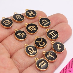 All Zodiac Signs 11x14mm 24k Shiny Gold Zodiac Charms, Astrology Charms, Zodiac Necklace, 12 Zodiac Charms, Black Enamel Beads MBGHRF4-1