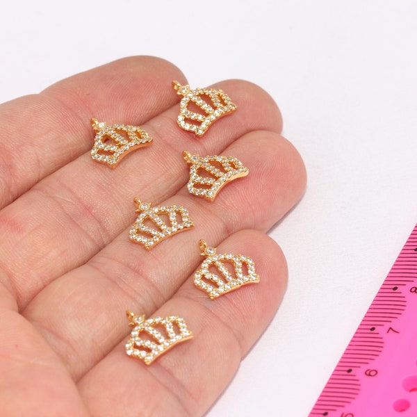 24k Shiny Gold Plated Crown Charms, Micro Pave MBGZRCN40