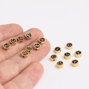 3.5x7mm 24k Shiny Gold Round Letters, Black Color Enamel Alphabet Letter Connector Charms, Enamel Initial Alphabet Charms, MBGHRF70