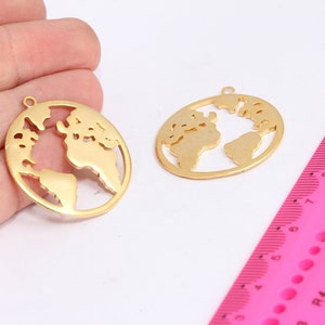 34x37mm 24k Matt Gold Plated World Map Pendant, Globe Pendant, Earth Pendant, World Map Charm, Travel Pendant, Gold Plated Charms, MBGMTE585