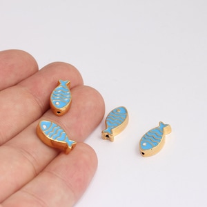 9x16mm 24k Shiny Gold Fish Beads, Fish Charms, Center Hole Fish Beads, Bracelet Beads, Blue Enamel  Fish, Spacer Beads   MBGMLS194-5