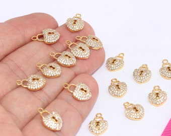 Ciondoli a forma di cuore in oro lucido 24k da 9 x 14 mm, perline con lucchetto in zirconia cubica, ciondolo in pietra bianca, lucchetto a cuore micro pavé, componenti placcati in oro, MBGZRCN192
