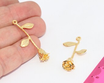 24k Shiny Gold Plated  Gold Rose Pendant, Flower Charm, Drop Rose Flower Pendant, Gold Plated Findings, MBGMTE1051