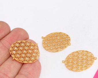 24k Shiny Gold Plated White Stone Charm, CZ Flower of Life, Micro Pave Pendant, CZ Bracelet Charm, Gold Plated Flower of Life, MBGZRCN43