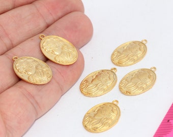 24k Matt Gold  Plated  Medallion Charm, Coins, Girl Charms, Brass Medallion, Vintage Pendant, Coin Charm, Gold Plated Charms, MBGMTE1197