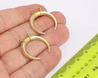 23x24mm Raw Brass Horn Charms, Two Loops Horn Pendant, Moon Pendant, Horn Necklace, Crescent Moon Charms, Raw Brass Findings,  MBGZPR171