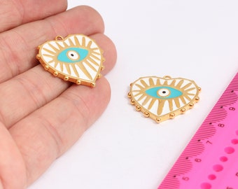 27x28mm 24k Shiny Gold Plated Heart, Enamel Charms, Gold Heart Necklace,  Evil Eye Pendant, Gold Plated Findings,   MBGMTE93