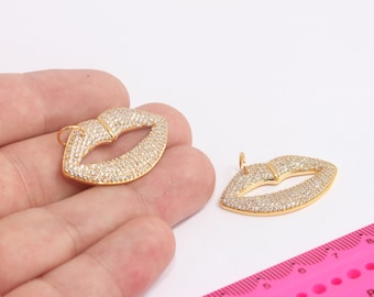 21x34mm 24k Shiny Gold Lips Pendant, CZ Micro Pave Lips Necklace, Dainty Lips Charm, Cubic Zirconia CZ Pendant,  MBGMLS980