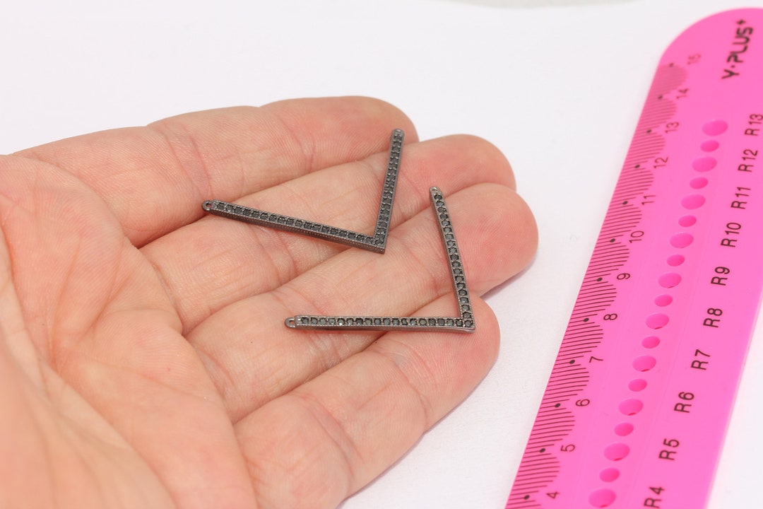2x40mm Gunmetal Plated Chevron, Cubic Zirconia Charms, Micro Pave