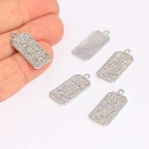 14x27mm rhodium plated zon hanger, vierkante zon hanger, zonnekaart charme, zilveren zon kralen, verzilverde bevindingen, MBGCHK413-3