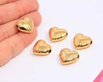 17x20mm 24k Shiny Gold Puffed Heart Charm, Textured Heart Pendant, Top Hole Heart Necklace Charms, Gold Plated Findings, MBGCHK130-4