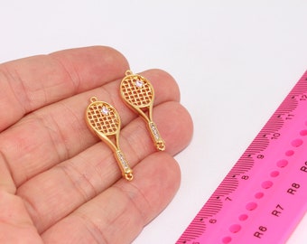 24k Shiny Gold Plated,Tennis Racket Pendant, CZ Bracelet Charm, Tennis Racket Bracelet, Sport&#39;s Jewelry, Bracelet Connector MBGZRCN788